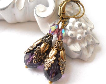 purple art nouveau filigree earrings, drop earrings, vintage style jewelry