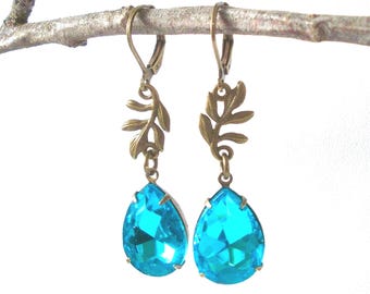 teal crystal teardrop earrings, pear shape nature inspired earrings