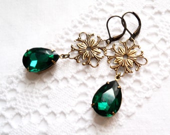 victorian emerald green crystal earrings, teardrop and brass filigree earrings