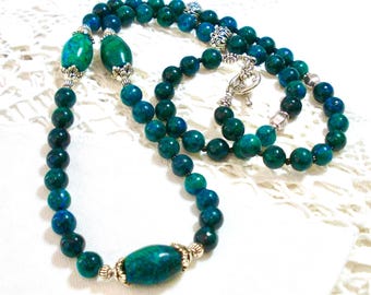 long green statement necklace, beaded chrysocolla jewelry