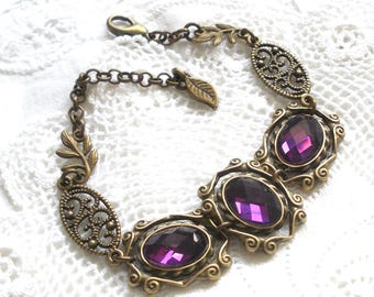 Art Nouveau purple statement bracelet, faceted cabochons
