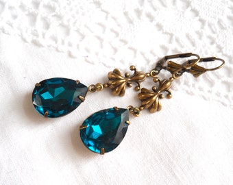 teal teardrop earrings victorian earrings teal victorian style dangle earrings fleur de lis earrings