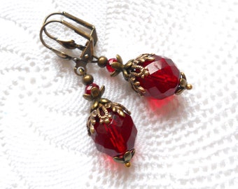 red filigree earrings red earrings victorian style beaded earrings romantic earrings