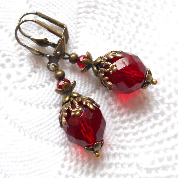 red filigree earrings red earrings victorian style beaded earrings romantic earrings