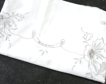 Vintage French Hand Embroidered Tablecloth, White Floral Embroidery