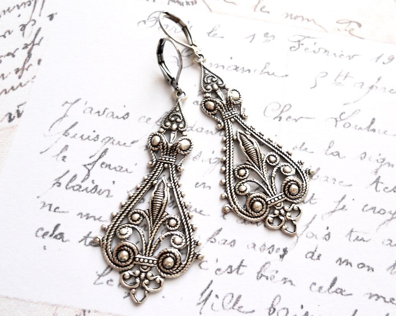 long filigree pendant earrings victorian dangle earrings filigree earrings image 2