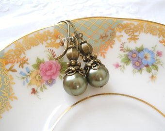 moss green pearl victorian dangle earrings filigree vintage style earrings green earrings