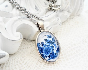 Delft Blue Bird Pendant Necklace, Traditional Dutch Jewelry