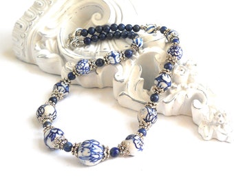 dutch necklace delft blue and lapis necklace blue and white necklace delft blue necklace lapis lazuli necklace