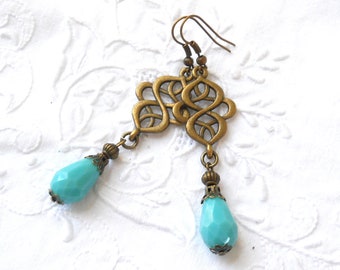 turquoise bohemian dangle earrings turquoise celtic knot earrings bronze chandelier earrings boho