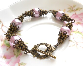 pink pearl victorian bracelet pink filigree bracelet pink bracelet pink faux pearl bracelet pink and bronze jewelry