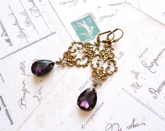 purple teardrop earrings purple victorian earrings  purple rhinestone earrings