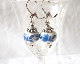 delft blue dangle earrings, dutch jewelry, floral blue and white earrings