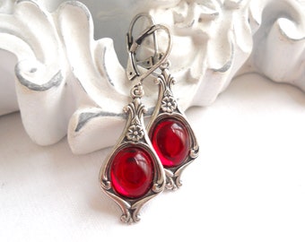 small dark red art nouveau style  earrings red dangle earrings red vintage style earrings red earrings