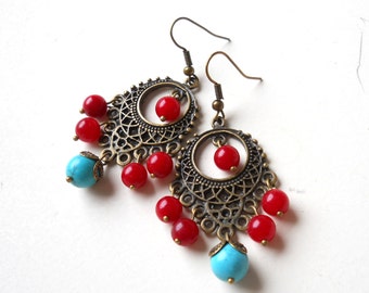 bohemian gypsy earrings red and turquoise beaded dangle earrings stone earrings bohemian earrings