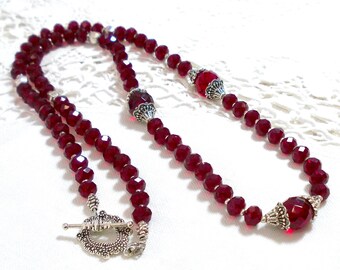 long dark red faceted crystal necklace, red beaded jewelry, roaring twenties style