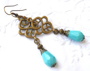 turquoise bohemian dangle earrings turquoise chinese knot earrings bronze chandelier earrings boho