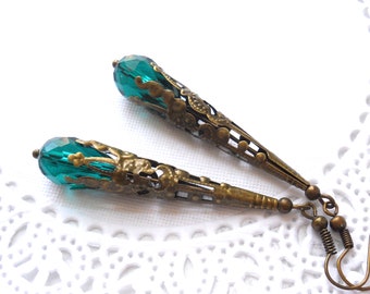 long emerald green bohemian earrings green beaded earrings boho style earrings bronze earrings