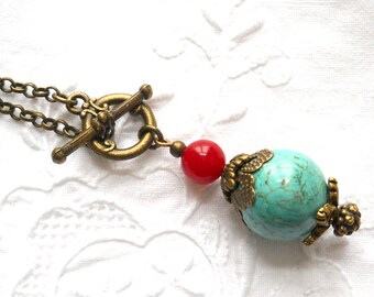 long bohemian gypsy necklace boho necklace turquoise and red necklace gemstone necklace stone jewelry bohemian jewelry