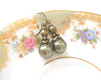Moss Green Pearl Victorian Dangle Earrings: Filigree Bronze Style