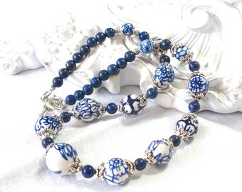 dutch necklace, delft blue and lapis, blue and white porcelain jewelry