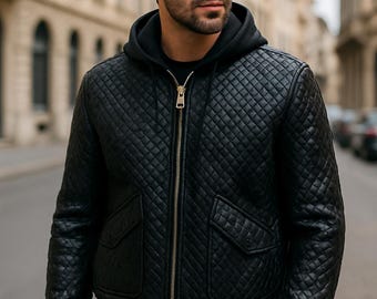 Handmade Men's Woven Quilted Leather Hoodie Jacket