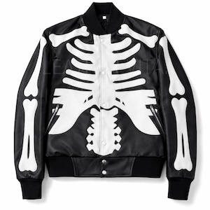 May include: Black bomber jacket with a white skeleton design. The jacket features a ribbed collar, cuffs, and hem, a button-up front, and side pockets with zippers. The skeleton design covers the front and arms of the jacket.