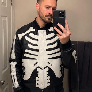 Skeleton Leather Jacket Black White Bone Varsity Bomber Jacket Men Women Gothic Streetwear Halloween Party Biker Coat Real or Faux Leather