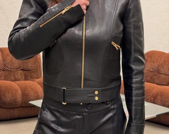 Handmade Women’s Cropped Black Leather Biker Jacket - Gold Zipper Moto Style - Genuine Leather
