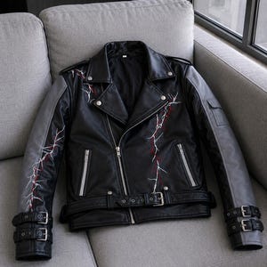May include: A black motorcycle jacket featuring grey sleeves, silver-tone hardware, and white and red lightning bolt embroidery on the chest and sleeves. The jacket includes a notched lapel, zippered pockets, and adjustable buckled straps at the cuffs and waist.