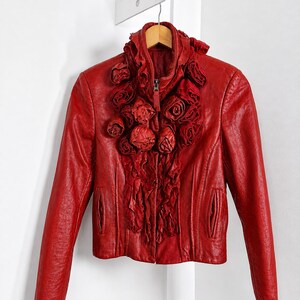 Red Rose Ruffle Jacket Women, Handmade Gothic Floral Moto Statement Coat