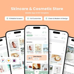 Kit de interfaz de usuario para aplicaciones de cuidado de la piel / Plantilla de aplicación móvil para marcas de belleza y cosméticos / Figma, Sketch, Adobe XD