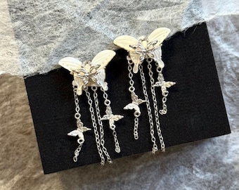 Butterfly Ear Studs with Detachable Silver Chains – 2-in-1 Versatile Fairycore Earrings