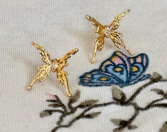 18K Gold Plated Butterfly Stud Earrings with Cubic Zirconia