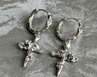 Gothic Black Zircon Cross Hoop Earrings: Sterling Silver Y2K