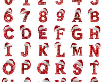 以下が含まれることがあります： サンタ帽をかぶった赤いクリスマスをテーマにしたアルファベットと数字。文字と数字は雪の結晶と金のアクセントで装飾されており、ホリデーのクラフトや装飾に最適です。
