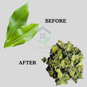 May include: Image showing fresh green leaves next to a pile of dried, chopped leaves. The text "BEFORE" is above the fresh leaves, and "AFTER" is above the dried leaves. The image is on a light gray background.