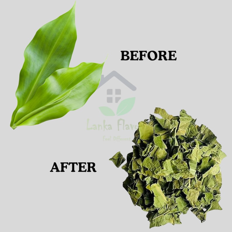 May include: Image showing fresh green leaves next to a pile of dried, chopped leaves. The text "BEFORE" is above the fresh leaves, and "AFTER" is above the dried leaves. The image is on a light gray background.