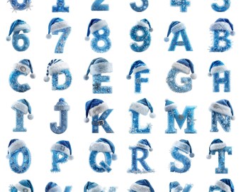 Blue Christmas Alphabet Clipart PNG | Frosty Winter Letters and Numbers | Santa Hat A–Z & 0–9 | Digital Download for Crafting and Printing