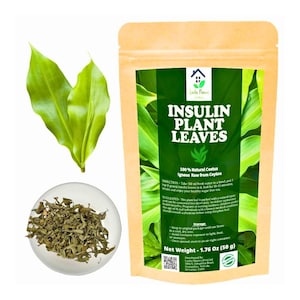 May include: A package of Insulin Plant Leaves with a bowl of dried leaves and fresh green leaves. The package is tan with green leaves and text that reads "INSULIN PLANT LEAVES". The net weight is 1.76 Oz (50 g).