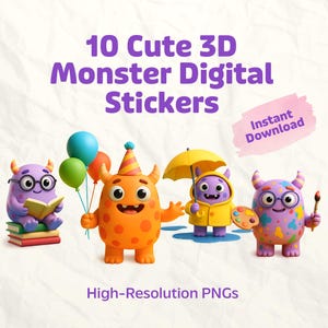 Paquete de 10 adorables pegatinas digitales de monstruos 3D / Criaturas caprichosas PNG para planificadores, álbumes de recortes e invitaciones para fiestas infantiles / Descarga instantánea