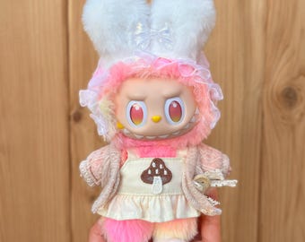 4-Piece Bunny Doll Outfit – Fluffy Bunny Ear Hood, Cardigan & Mushroom Dress, Fits Labubu, 10–17cm Plush Toys, Cute Costume Gift