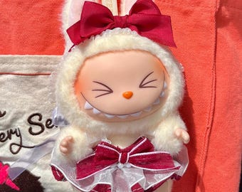 Dress for Labubu, 3-Piece Handmade Cute Doll Outfit – Ruffled Tulle Dress, Red Bow Headband & Underskirt, Fits 10-17cm Plush Toys