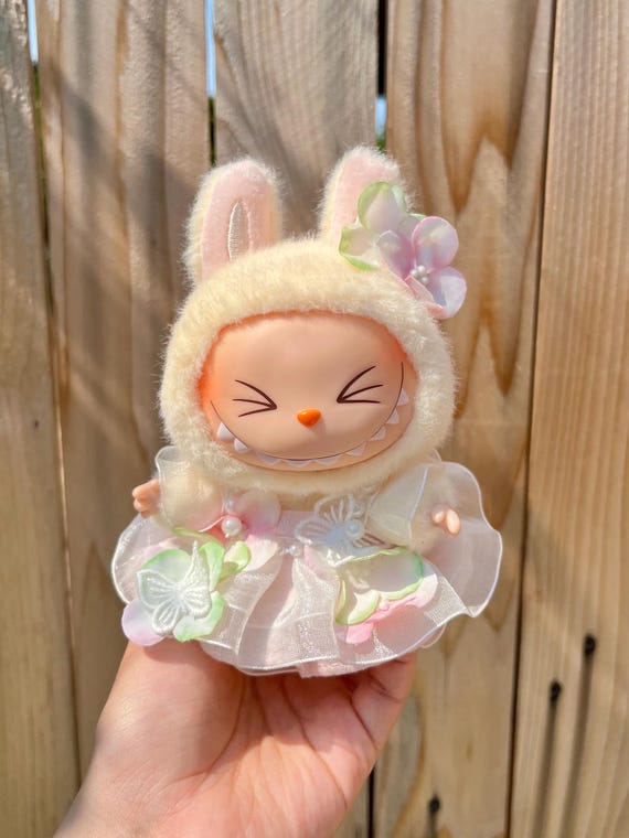 Dress For Labubu, 2-Piece Handmade Cute Doll Outfit – Ruffled White Tulle Dress & Floral Hair Clip, 10-17cm Plush Toys