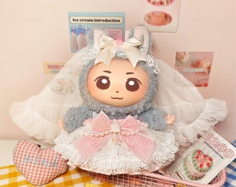 Labubu Wedding Dress, 3-Piece Handmade Doll Outfit – White Tulle Wedding Dress, Bow & Veil, Fits 10-17cm Plush Toys, Princess Dress