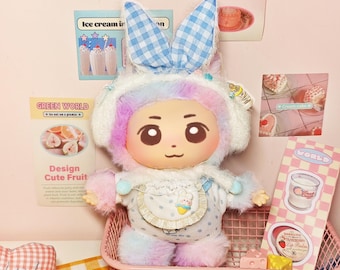 3-Piece Cute Doll Outfit for Labubu – Baby Bunny Earmuffs, Bib & Romper, Fits 10-17cm Plush Toys