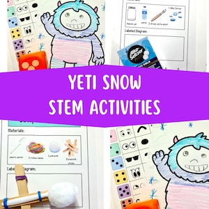 May include: An educational image featuring a yeti illustration and the text "YETI SNOW STEM ACTIVITIES". It includes dice, a mason jar, and Alka-Seltzer tablets, indicating a science-based activity for children.