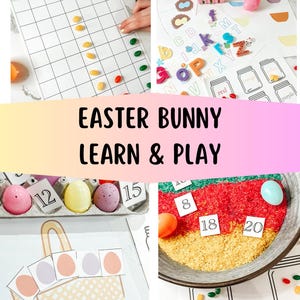 May include: A colorful Easter-themed educational activity set with the text "EASTER BUNNY LEARN & PLAY". The set includes a grid, eggs, letters, numbers, and a basket graphic, designed for learning and play.