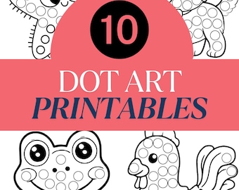 May include: A printable featuring four cartoon animals: a starfish, a dog, a frog, and a rooster. Each animal is outlined in black and filled with circles, designed for dot art activities. The image includes the text "10 DOT ART PRINTABLES".