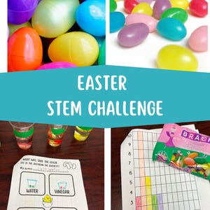 May include: A colorful Easter-themed STEM challenge image. It features plastic Easter eggs in various colors, jelly beans, and a worksheet with a graph and experiment instructions. The text reads "EASTER STEM CHALLENGE."